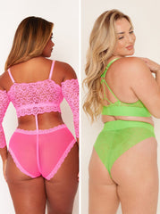 Two women wearing pink and green lingerie sets on a plain background