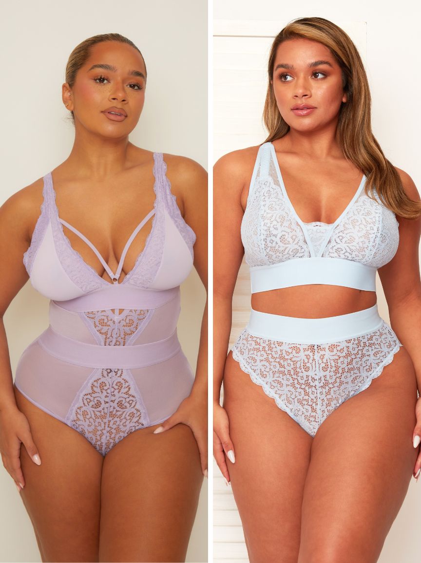 Two women modeling lingerie sets, one in lavender and the other in light blue.