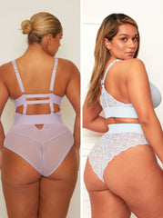 Two women wearing different styles of lingerie against a neutral background