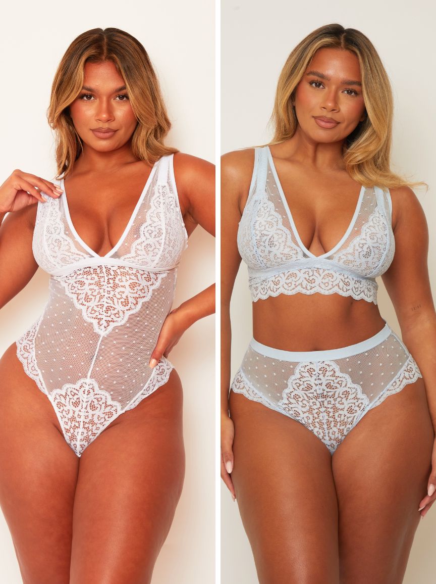 Two images of a woman wearing lace lingerie set against a plain background.