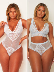 Two images of a woman wearing lace lingerie set against a plain background.