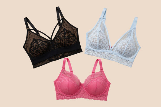 Three Tutti Rouge fuller-bust bra styles displayed against a neutral background, including a black strappy lace bralette, a light blue lace bralette, and a pink underwired lace bra.