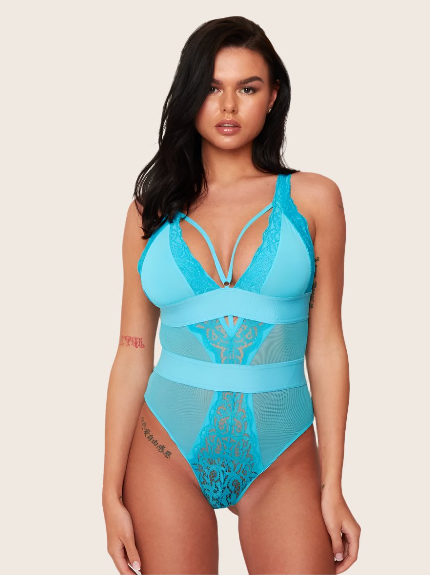 The Alicia bodysuit in bluebird blue has beautiful lace detailing