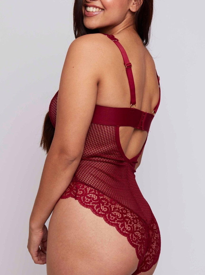 Madison claret rose fishnet bodysuit with adjustable straps